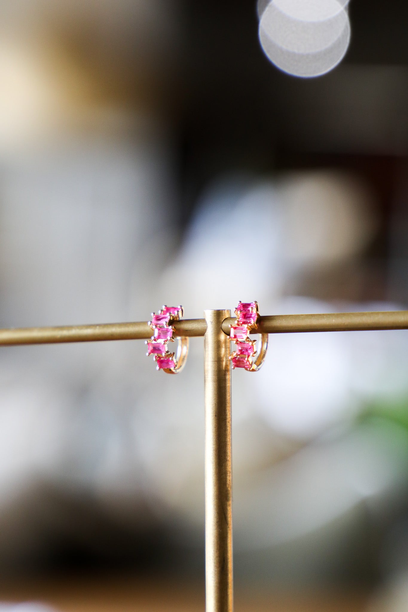 E147 - 14k YG 11mm Hoops w/10 Baguette Rubies 1.08cts