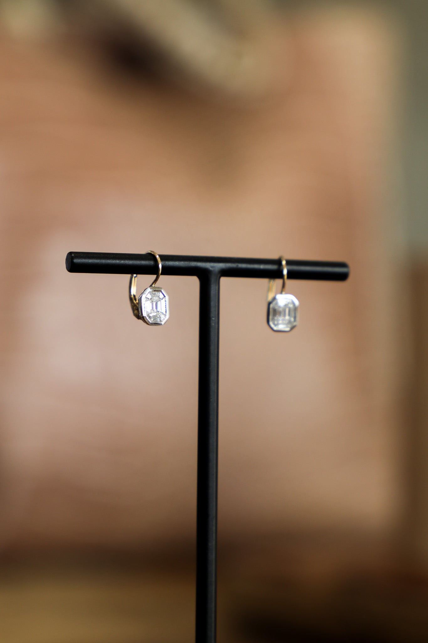 E231 - 14k/18k Lever Back Earrings w/2 Emerald Cut Diamonds 0.30cts & 16 Baguette Diamonds 0.30cts