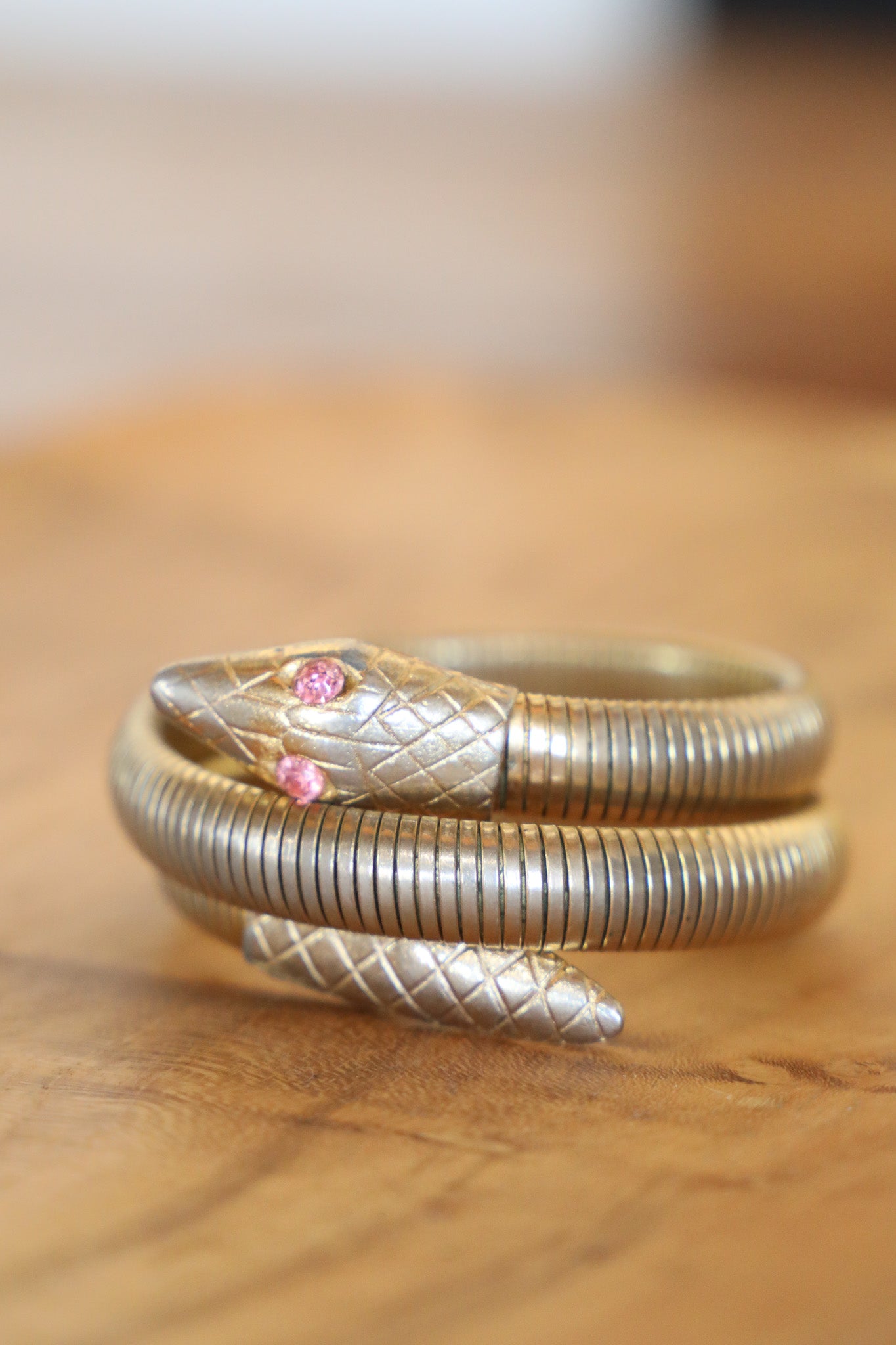 Vintage MCM Brass Snake Bracelet w/Pink Stone Eyes