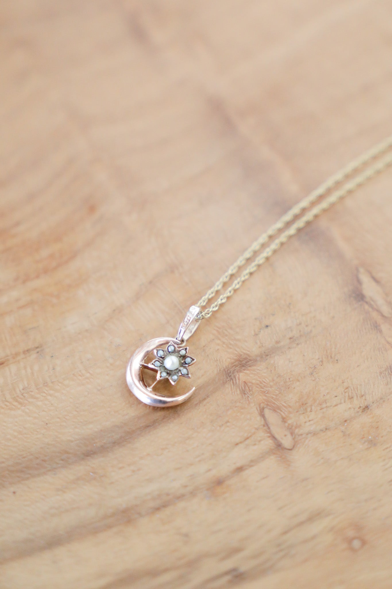 Vintage Victorian 14k Seed Pearl Crescent Moon Necklace (16")