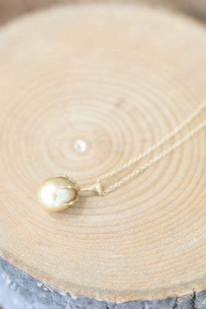 AF (C) Small 18k YG Claw w/Golden South Sea Pearl Quail Egg Necklace (18" chain)
