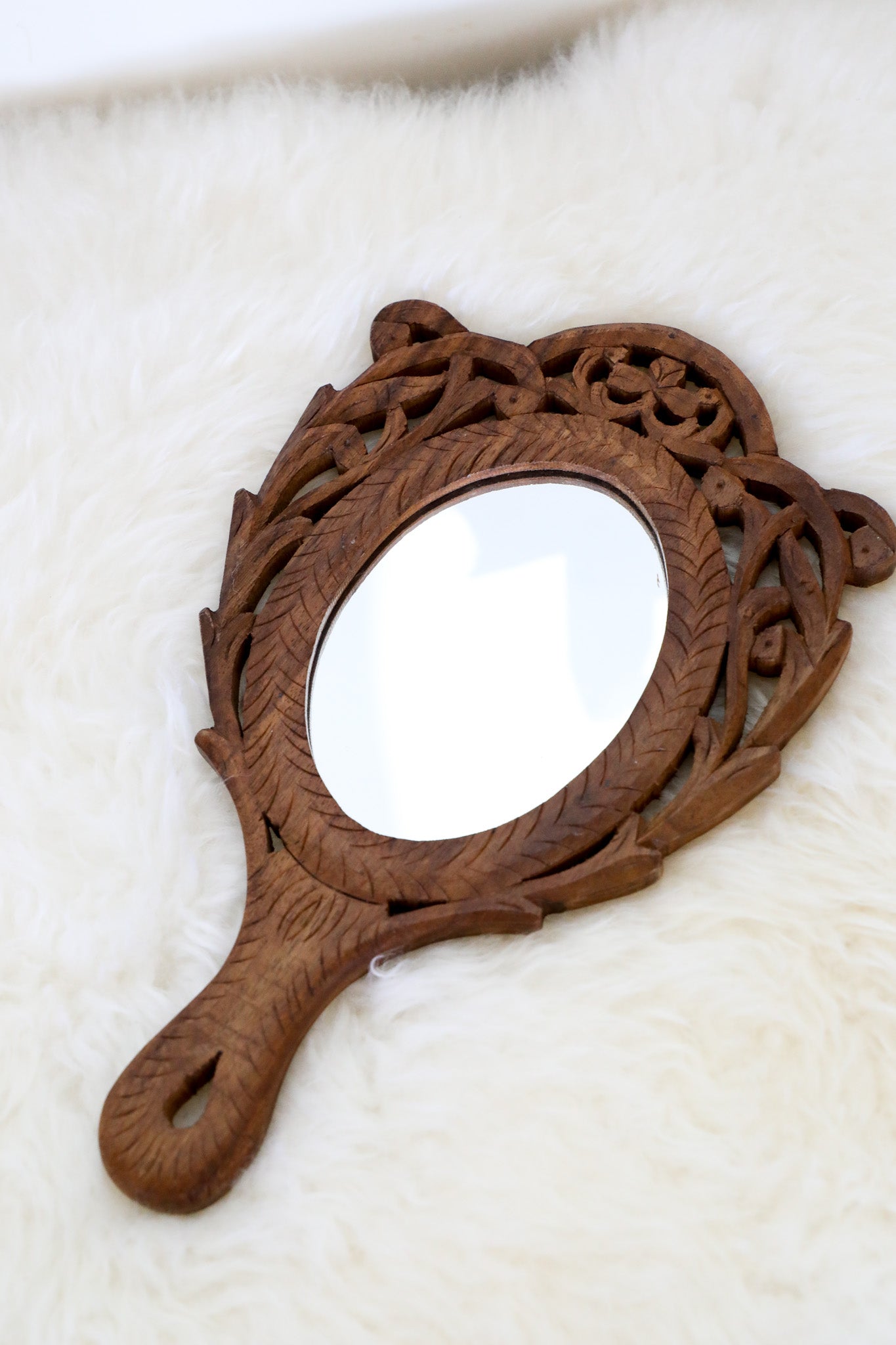 Vintage Carved Wood Hand Mirror