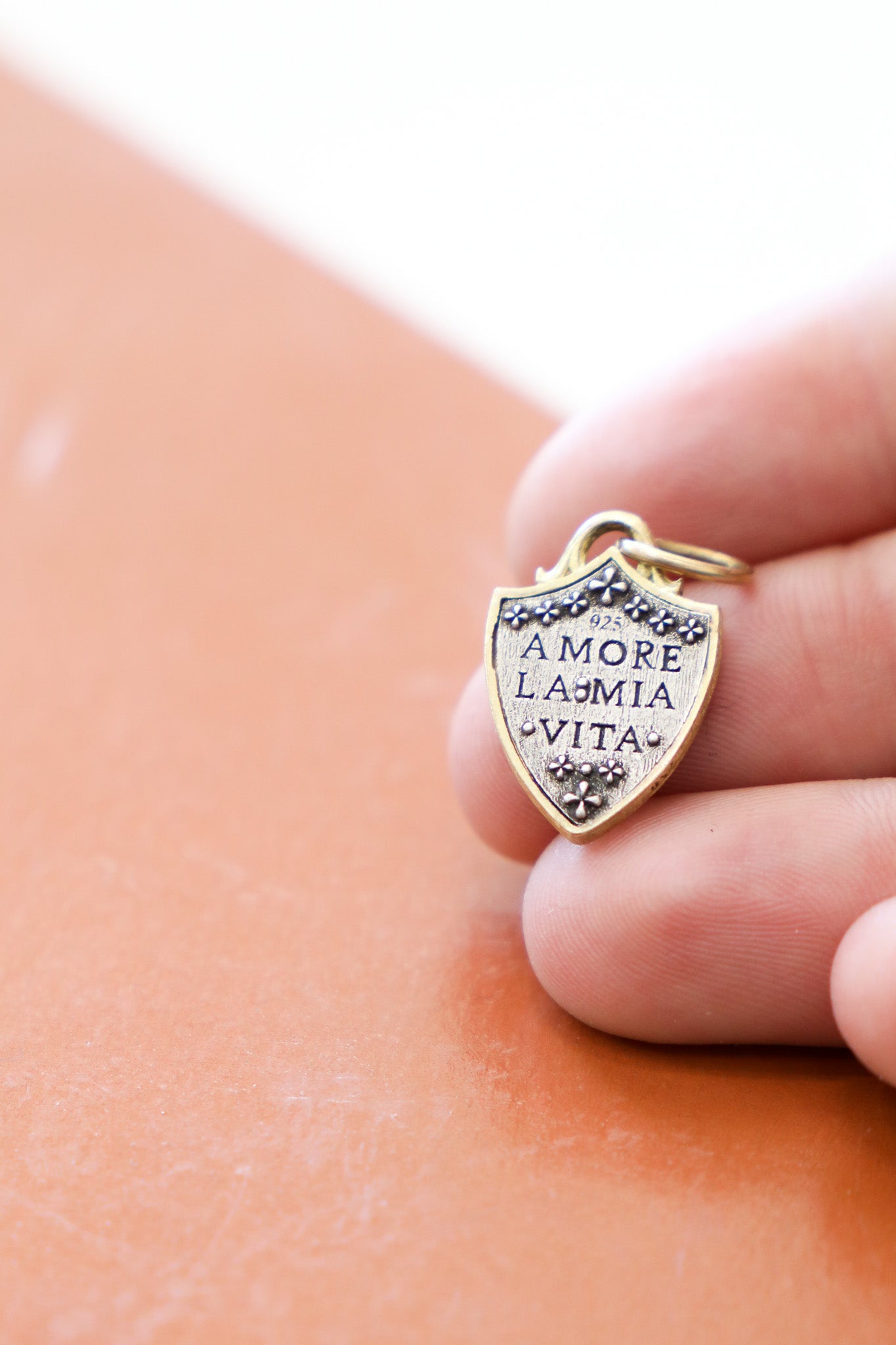 EM c438d-d - SS/18k Small Pave Hummingbird Shield "Love My Life"