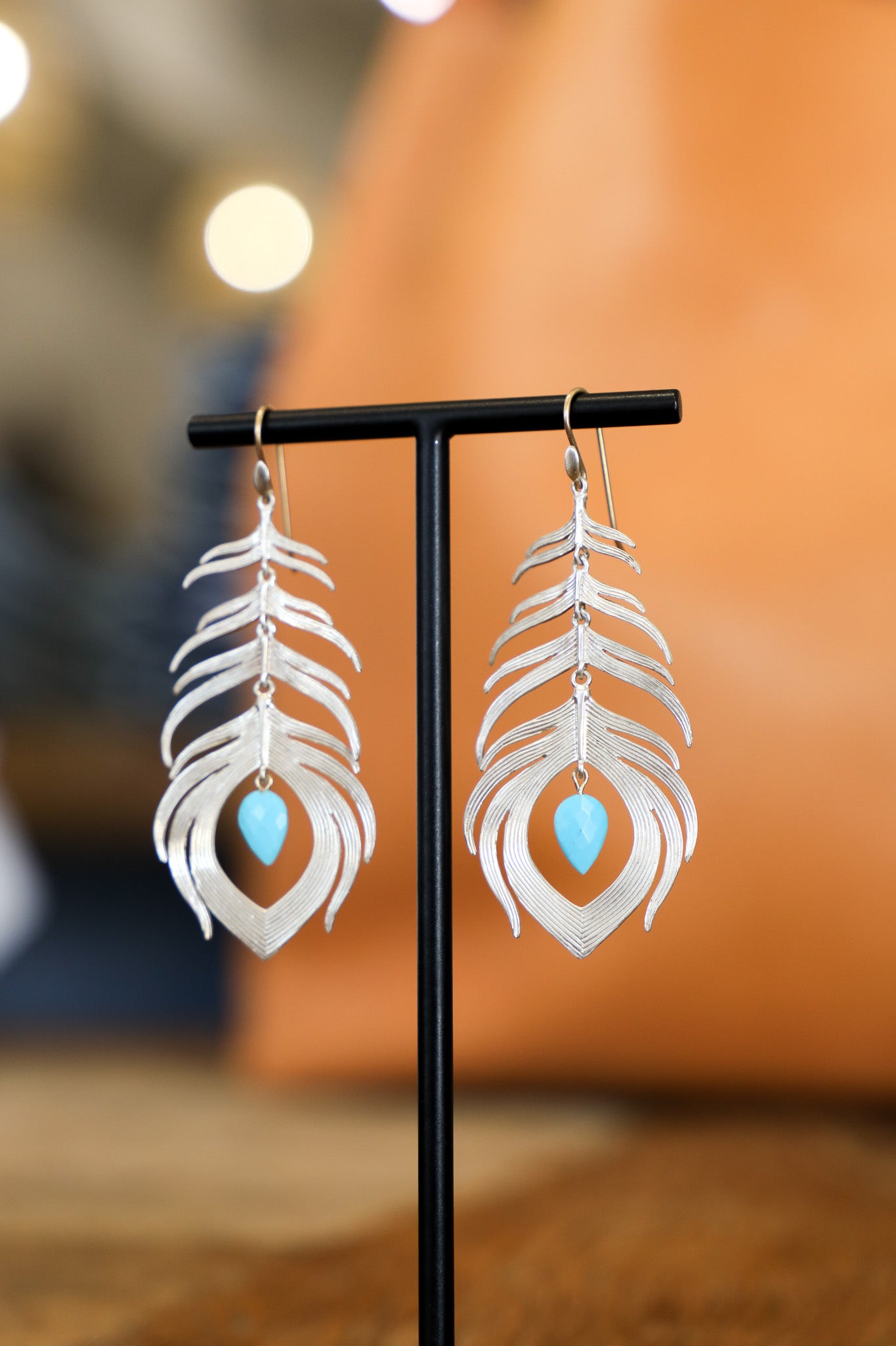 AF (C) Long SS Peacock Feather Earrings w/Turquoise