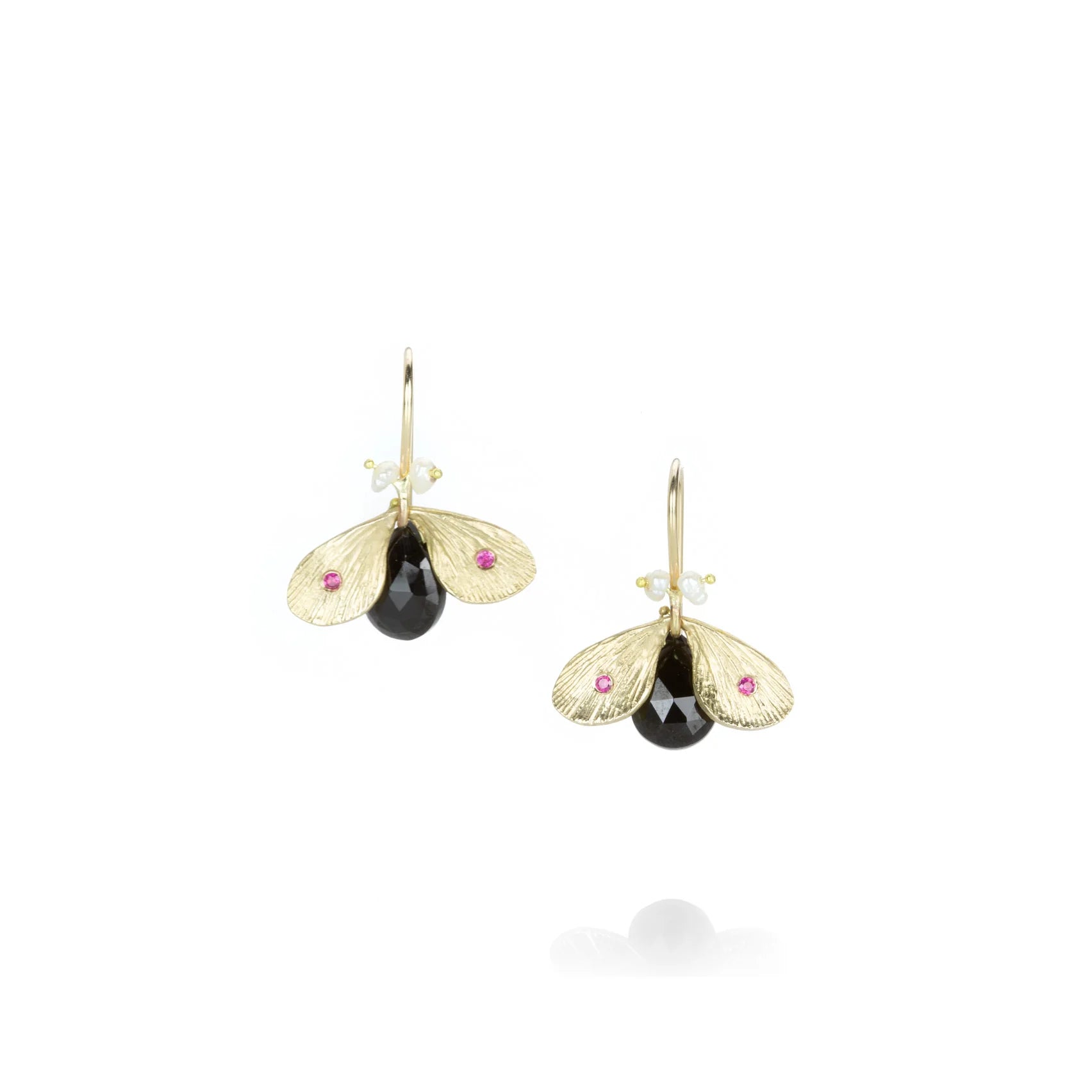 Annette Ferdinandsen 14k Black Spinel Bug Earrings w/Pearl Eyes & Ruby Wings