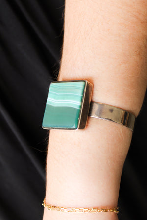 Vintage Modernist SS & Green Agate Bracelet