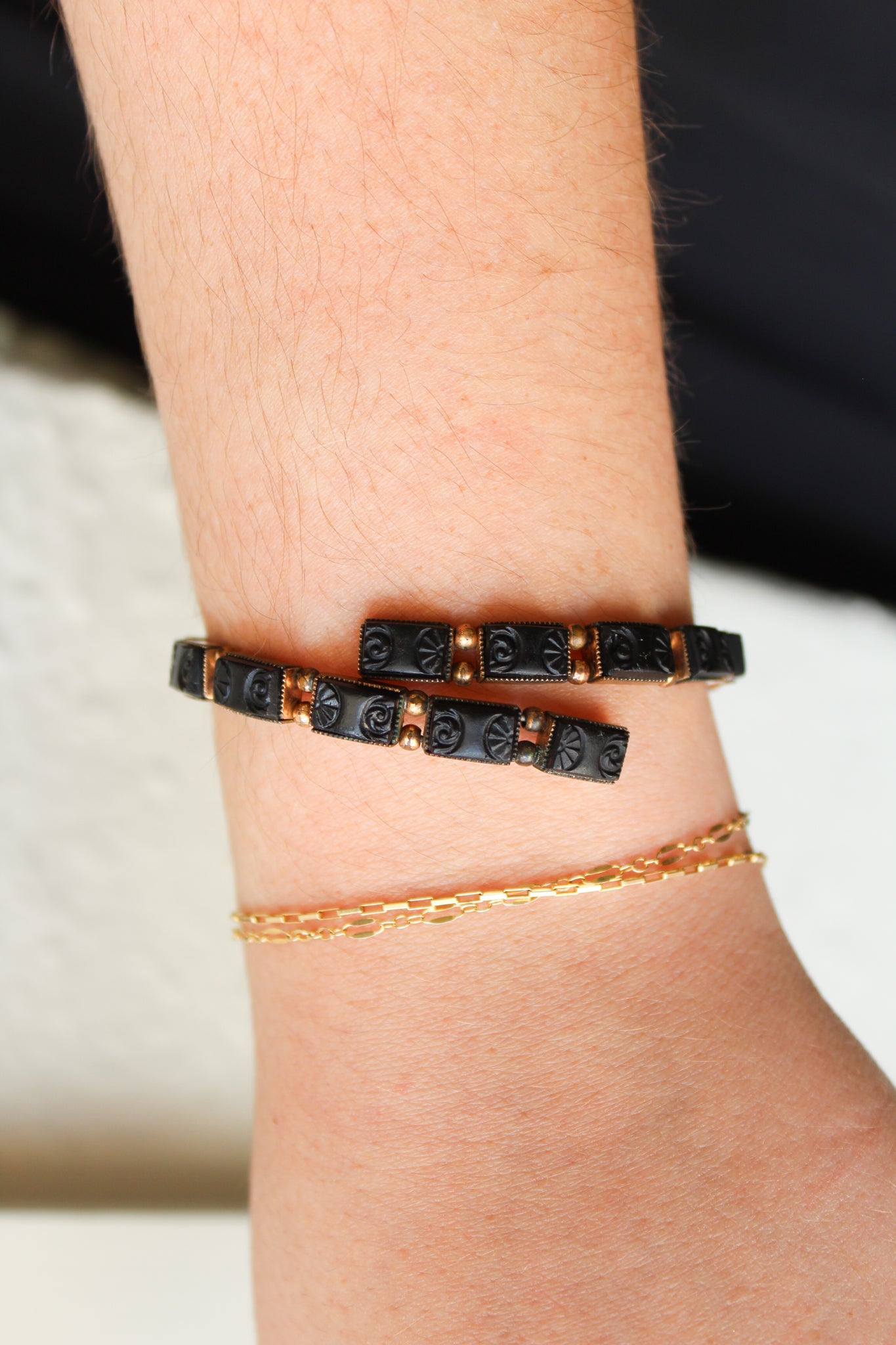 Vintage GF Victorian Mourning Bracelet w/Seed Pearl & Carved Jet