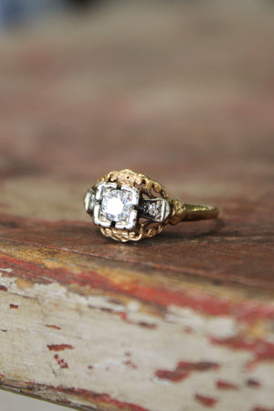 Vintage Art Deco 14k YG/WG Ring w/3 Diamonds