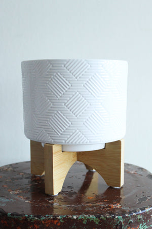 White Ceramic Pot with Wood Stand