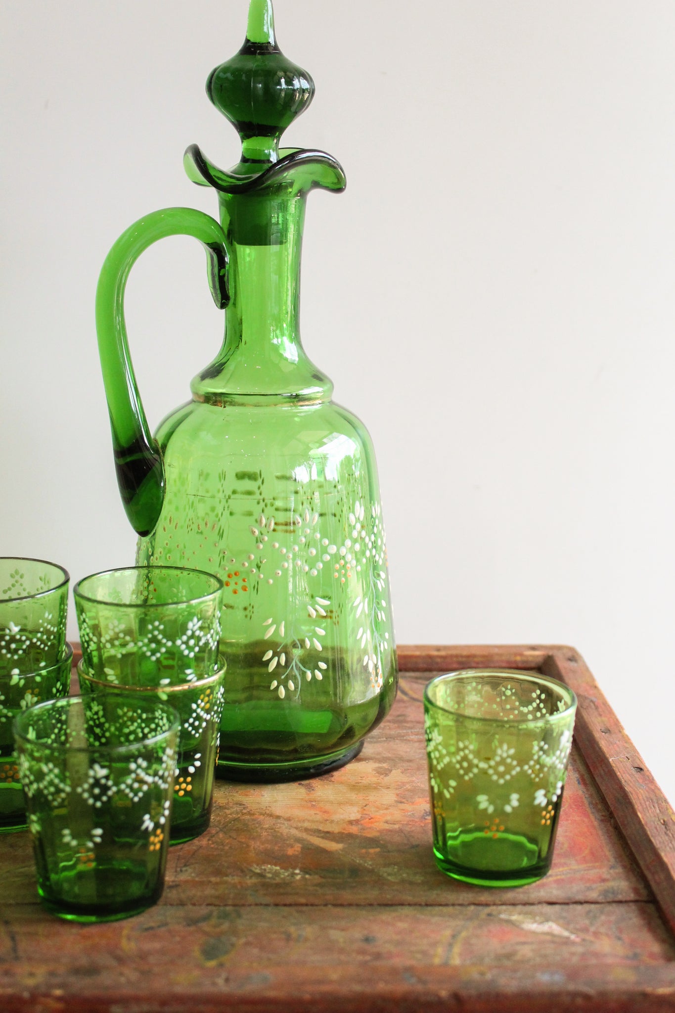 50% Off - Vintage Handpainted Green Decanter & Glassware Set (Set/7)