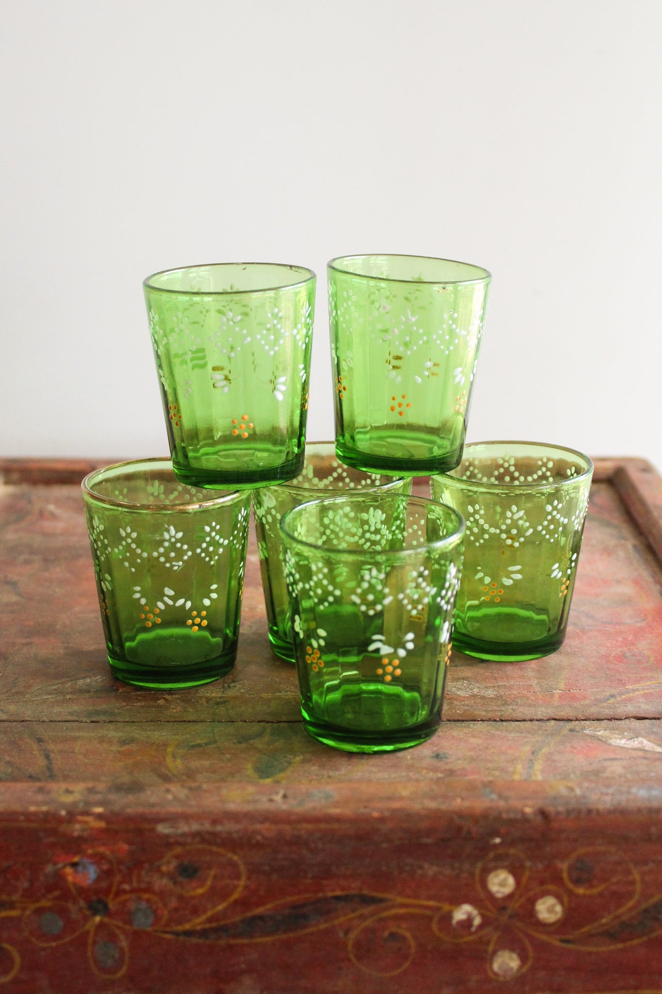 50% Off - Vintage Handpainted Green Decanter & Glassware Set (Set/7)