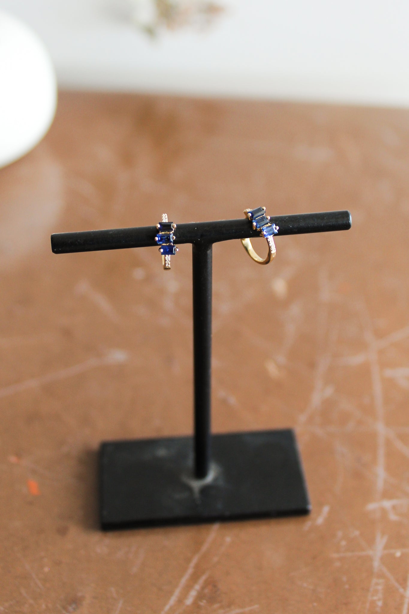 E206 - 14k YG 11mm Hoops w/12 Diamonds .02cts & 6 Baguette Sapphires .66cts