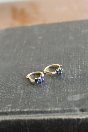 E206 - 14k YG 11mm Hoops w/12 Diamonds .02cts & 6 Baguette Sapphires .66cts