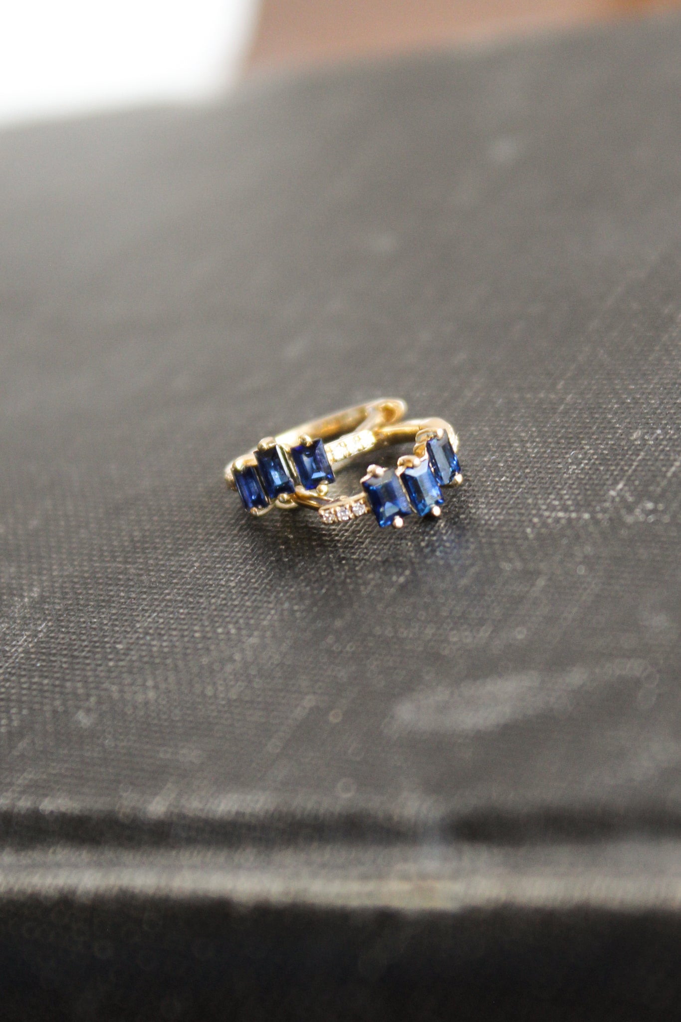 E206 - 14k YG 11mm Hoops w/12 Diamonds .02cts & 6 Baguette Sapphires .66cts