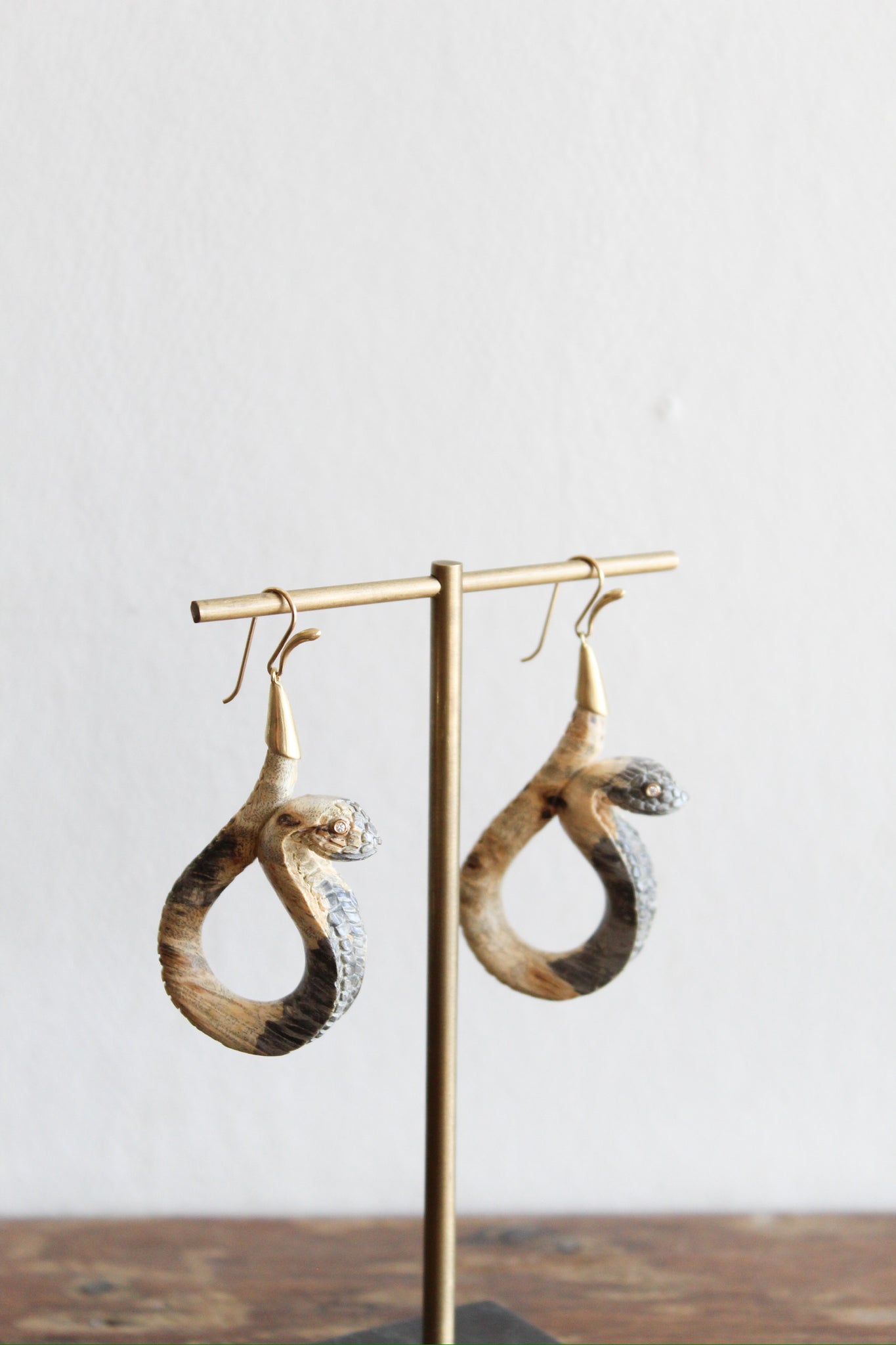 Annette Ferdinandsen 18k Carved Wood Cobra Earrings w/Diamond Eyes