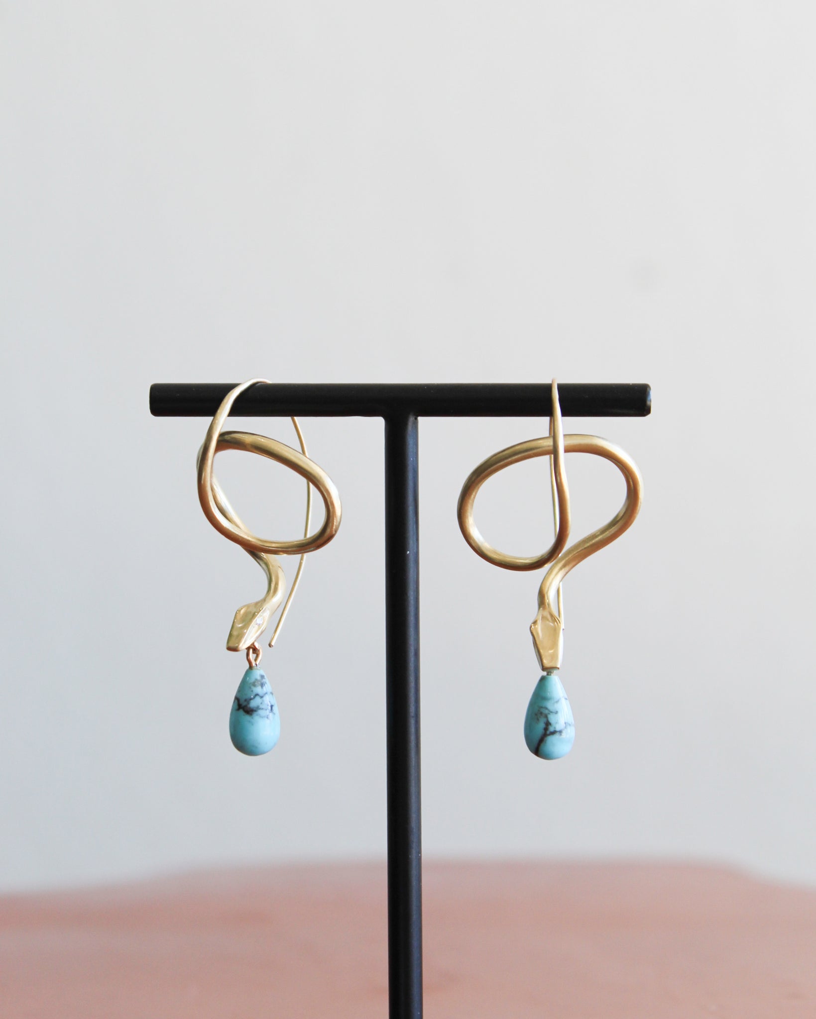 Annette Ferdinandsen 14k Serpent Earrings w/Diamond Eyes & Turquoise Drops