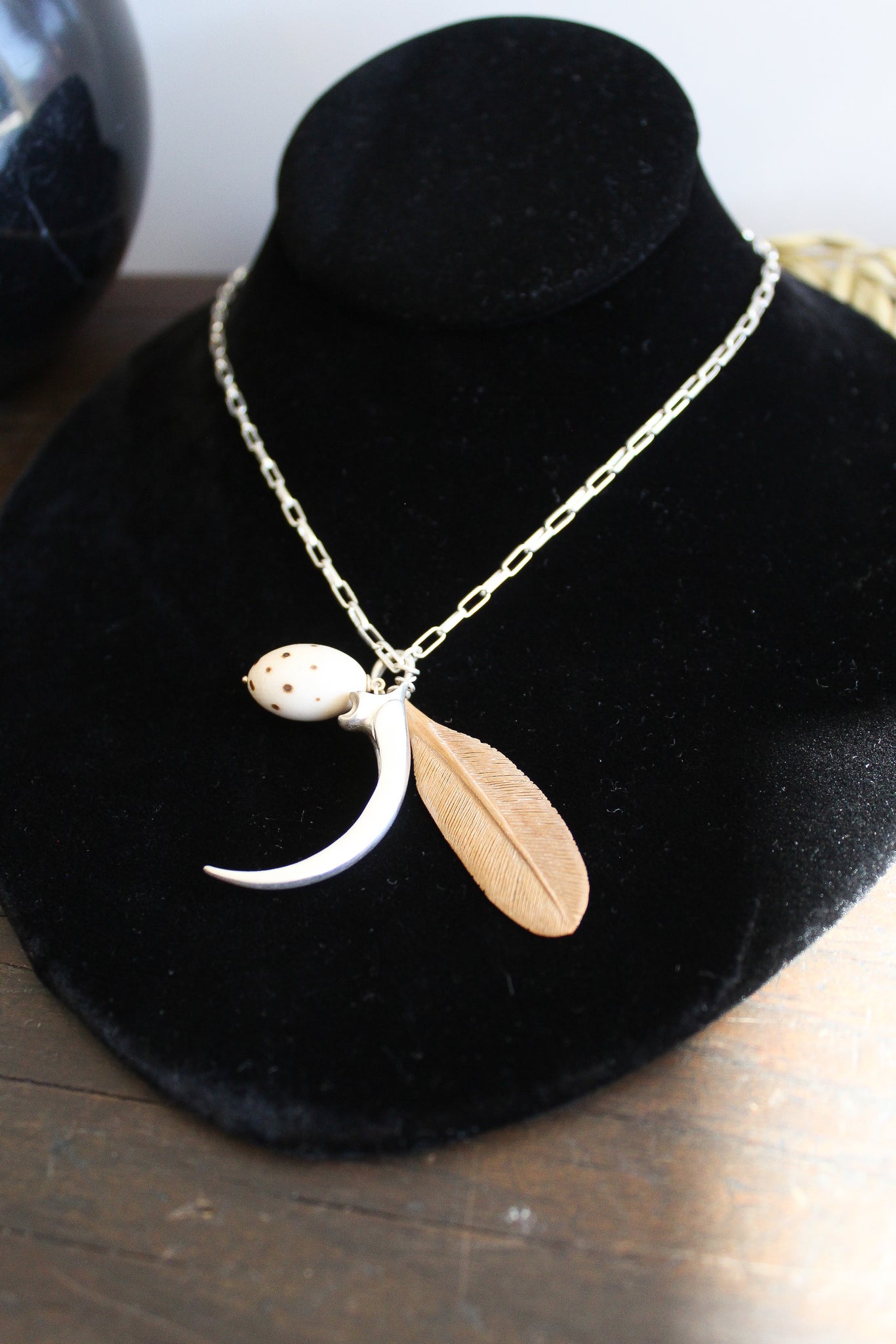 Annette Ferdinandsen SS Scavenger Necklace w/Talon, Bone Feather, & Mammoth Ivory Quail Egg