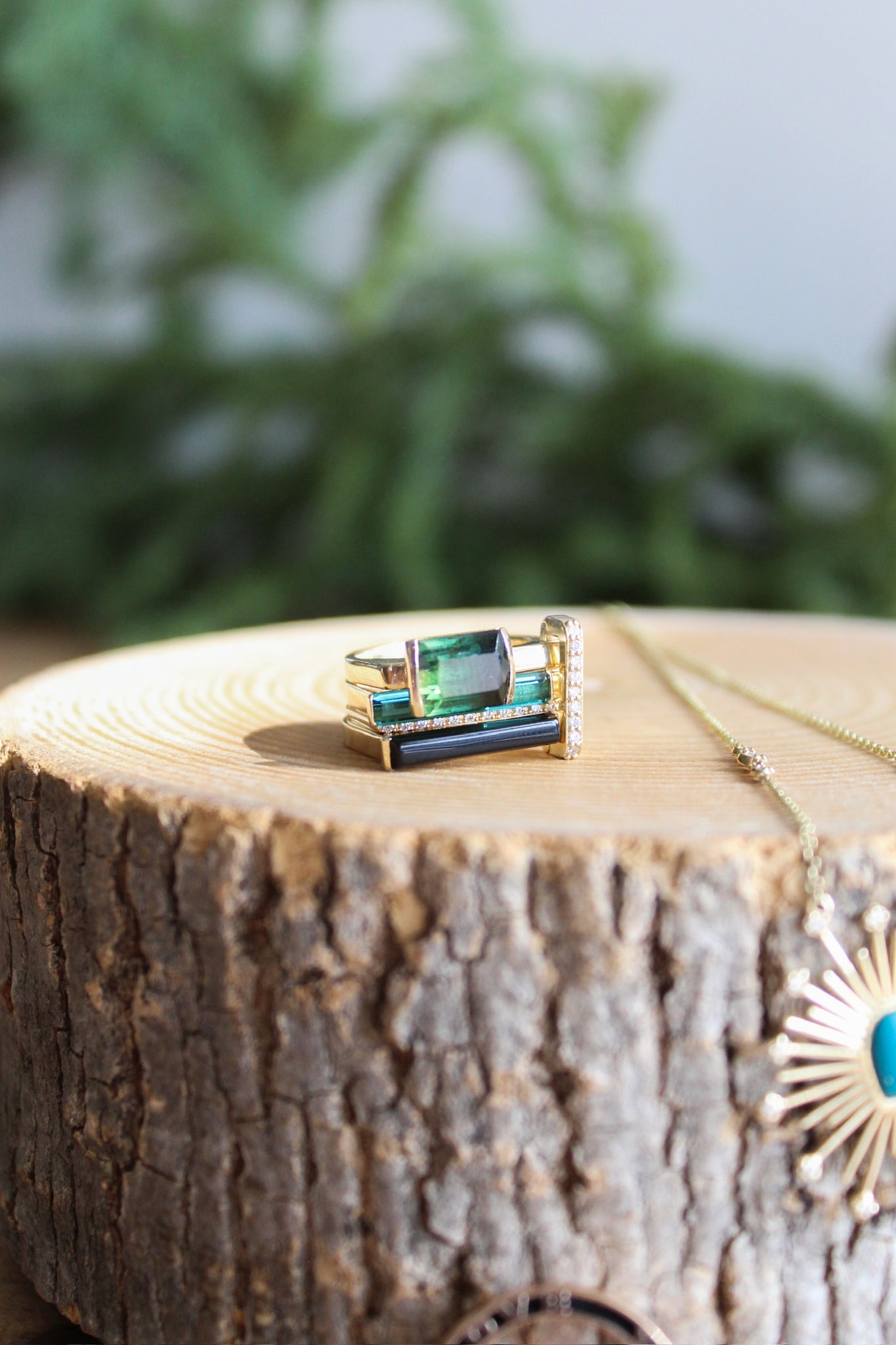 NOUSH 14k 6.5 Linqd Elongated Green Tourmaline Band