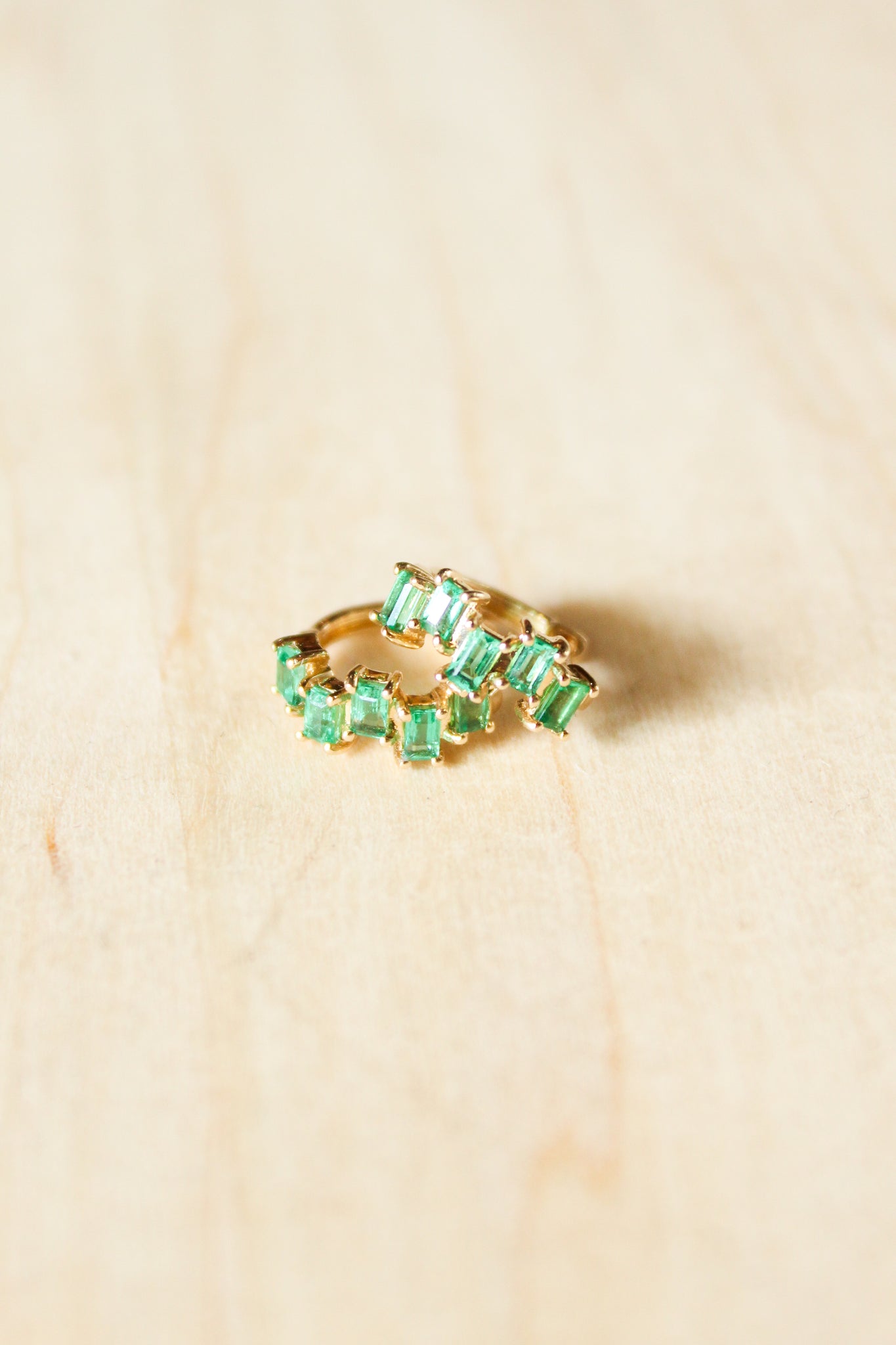 E054 - 14k YG 11mm Hoops w/10 Baguette Emeralds 0.79cts